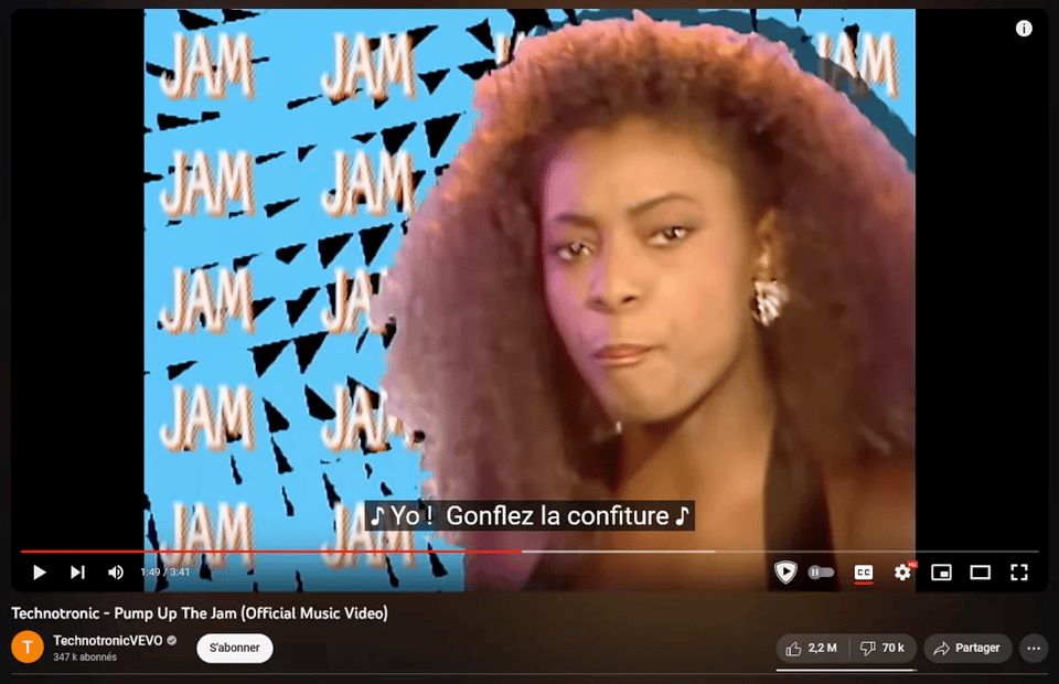 YouTube still showing "Pump up the jams" translated as "Gonflez la confiture"