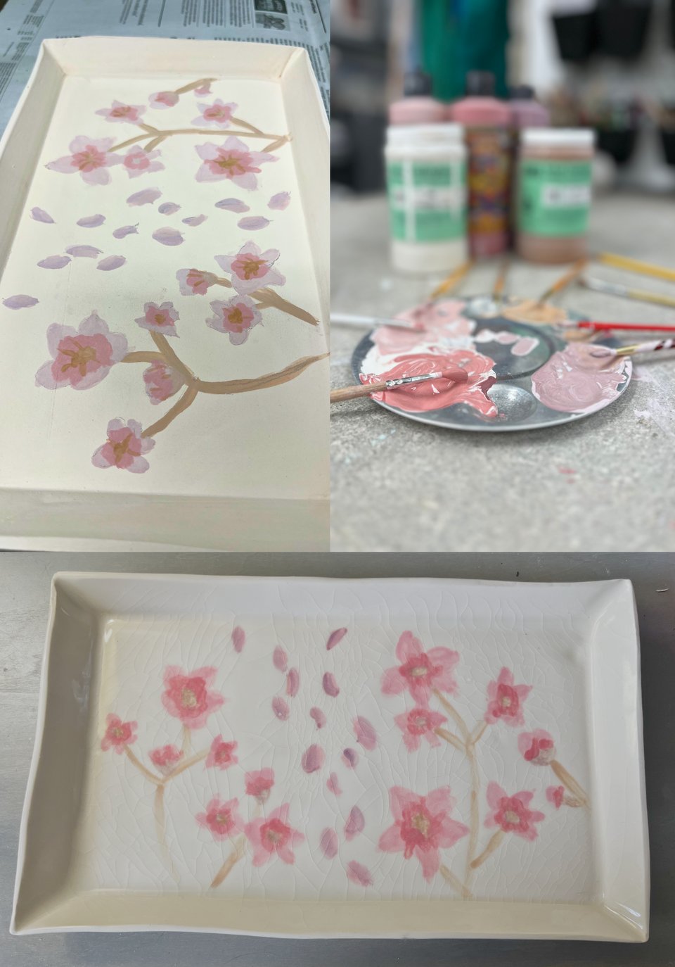 A collage of images: one of a messy paint palette, one of a tray with flat colors painted on it, and one of a final glossy tray showing sakura flowers