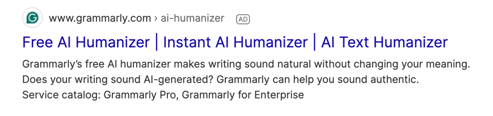 A search result ad for "Free AI Humanizer" from Grammarly - an AI to make your AI writing sound more humanizing.