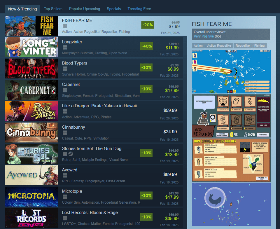 FISH FEAR ME is number one on Steam's new and trending list.