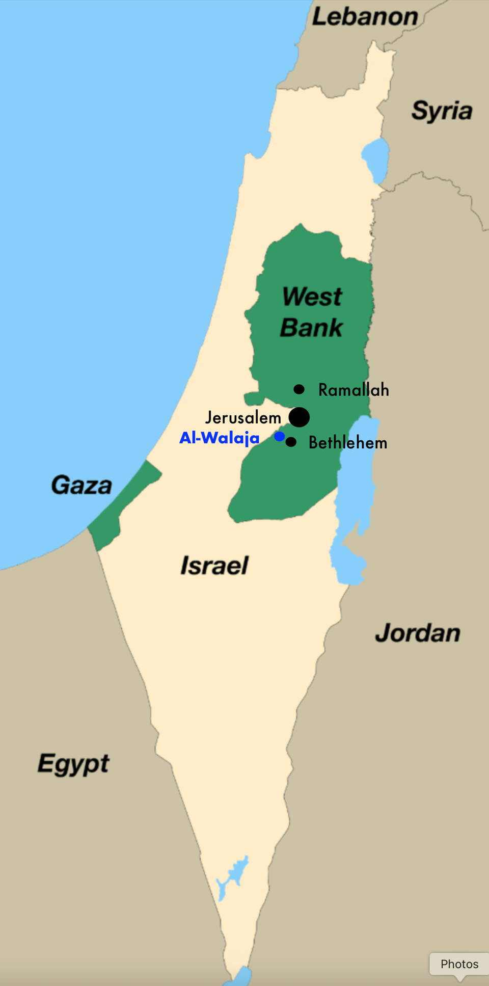 A map showing Israel, Gaza, and the West Bank, along with neighboring countries
