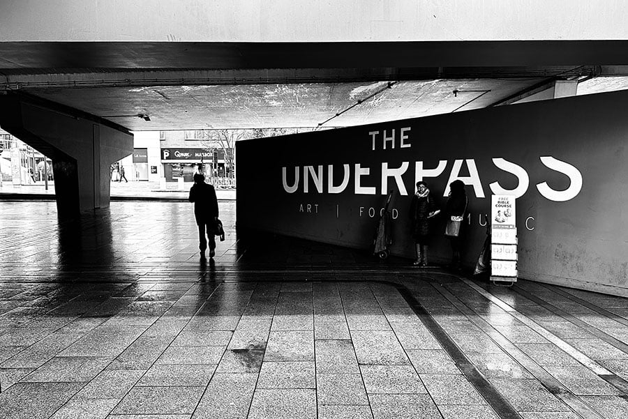 rainy underpass in black and white