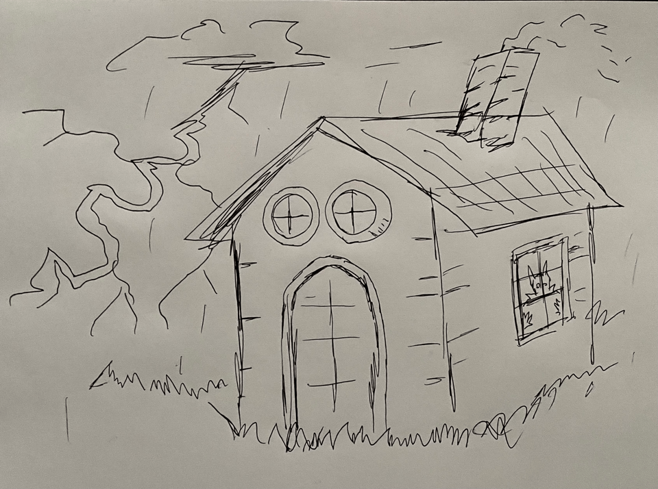 A creepy looking little shack with eyes for windows, a ghoul in the window, and a storm in the sky