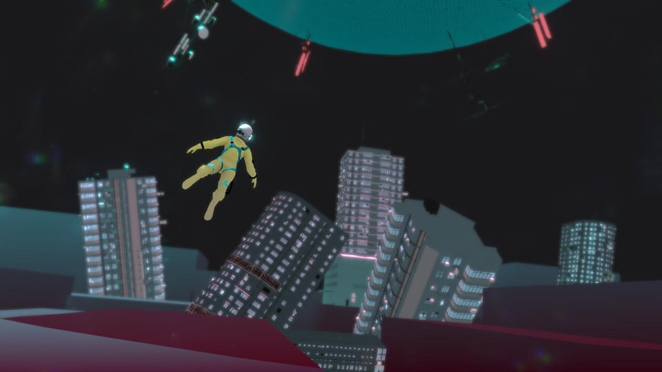 A person in a diving suit flies over a dreamscape of a city.