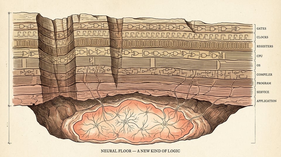 19th-century geological cross-section: layered strata of fossilized circuit traces — gates, clocks, registers, CPU, OS, compiler, program, service, application — opening into a newly excavated neural floor below, soft coral and cream tones, neuron tendrils threading up into the rock. The new floor under the old stack.