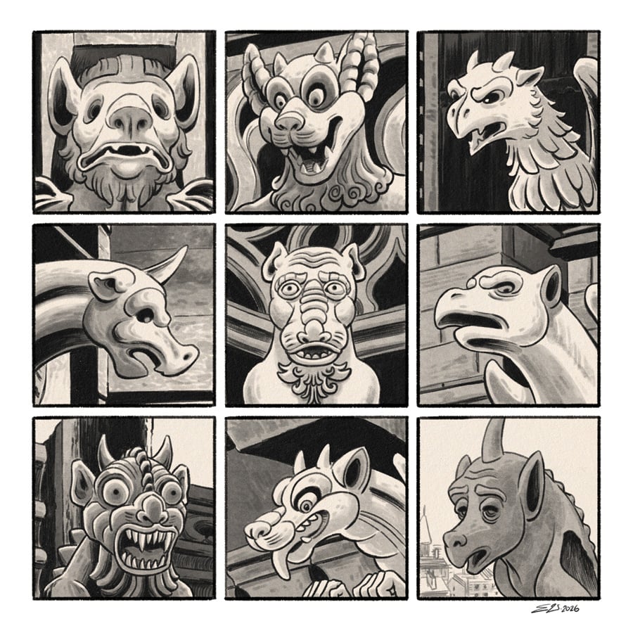 A nine panel grid of shaded digital pencil drawings of different gargoyles and/or grotesque stone sculptures, with a variety of designs and off putting facial expressions. Look at all those funny little guys! Perfect friends!