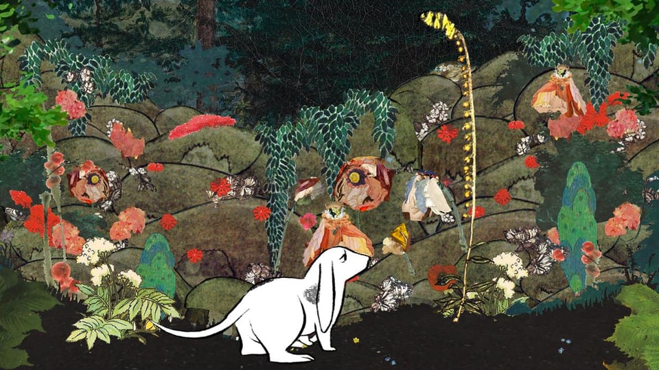 a black and white cartoon dog looks wistfully onto an imaginative collaged landscape with green hills and pink flowers