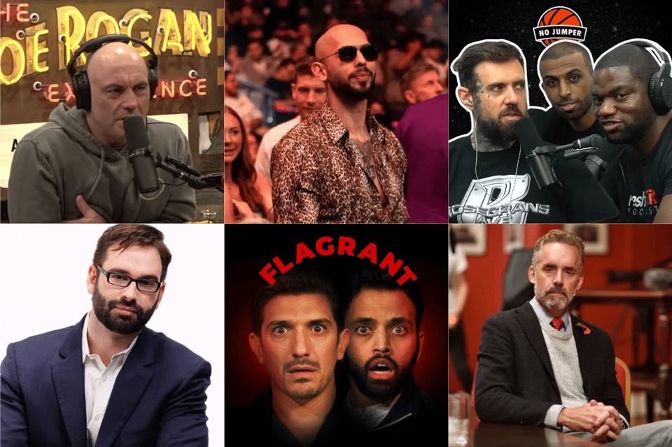 A collage of hosts and influencers from the manosphere
