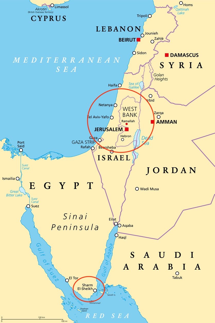 A map of the Middle East, including country names, and labels for the West Bank and far away, Sharm El-Sheikh, Egypt
