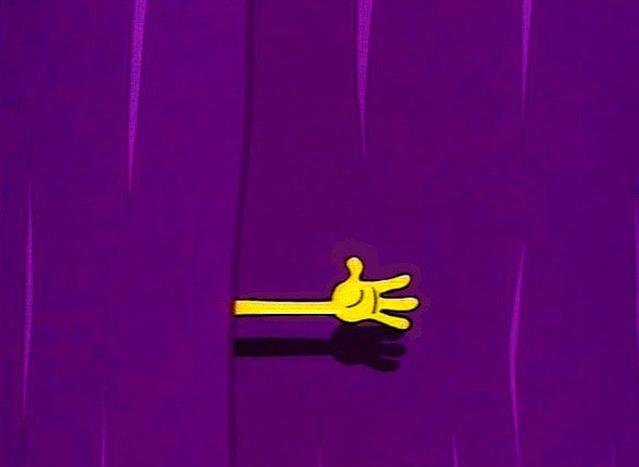 SpongeBob reaches his hand out from behind purple stage curtains, to thunderous applause.