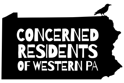 Black outline of state of Pennsylvania with a small crow in the top right corner with white text saying concerned residents of western PA
