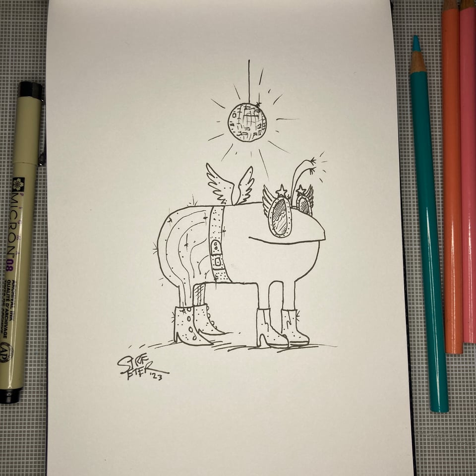 Ink drawing of a potatosaurus wearing glittery clothing and standing beneath a disco ball