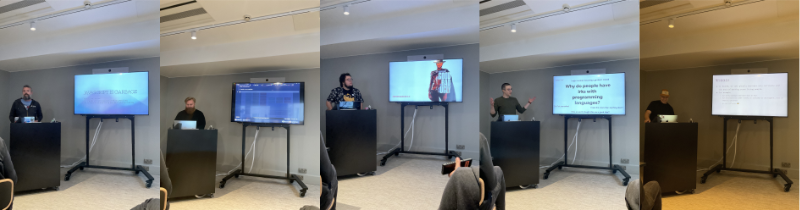 Five pane collage of people speaking to an off-screen audience