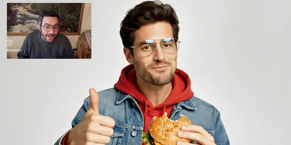 An AI actor gives a thumbs up with a handburger.