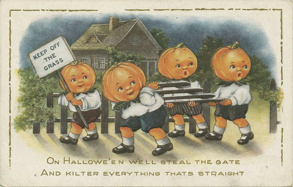 Four pumpkin-headed children carry away a section of fence and a sign reading