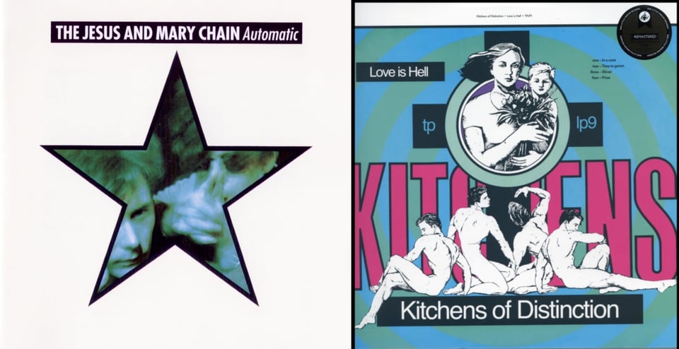 First pic: An offwhite background with a large star in the middle. Within the star is a blue-green toned photograph of the faces of Jesus and Mary Chain bandmembers Jim Reid and William Reid. They are both pale white men with shaggy dark hair; one wears sungIasses. I don't know which one's Noel and which one's Liam, I don't know know which one's Tegan and which one's Sara, and I don't know which one's Jim and which one's William. And I like it that way.  Second pic: Just above the center of the picture is a circle, with a drawing a white woman in a short-sleeved shirt, holding a bouquet and a child with short hair. It gives THE ZONE OF INTEREST vibes. The circle is in front of a black cross. In front of the black cross are drawings of four muscular nude men, as if posing for an art class. All of this is on a background of concentric circles that alternate between light blue and sea green.