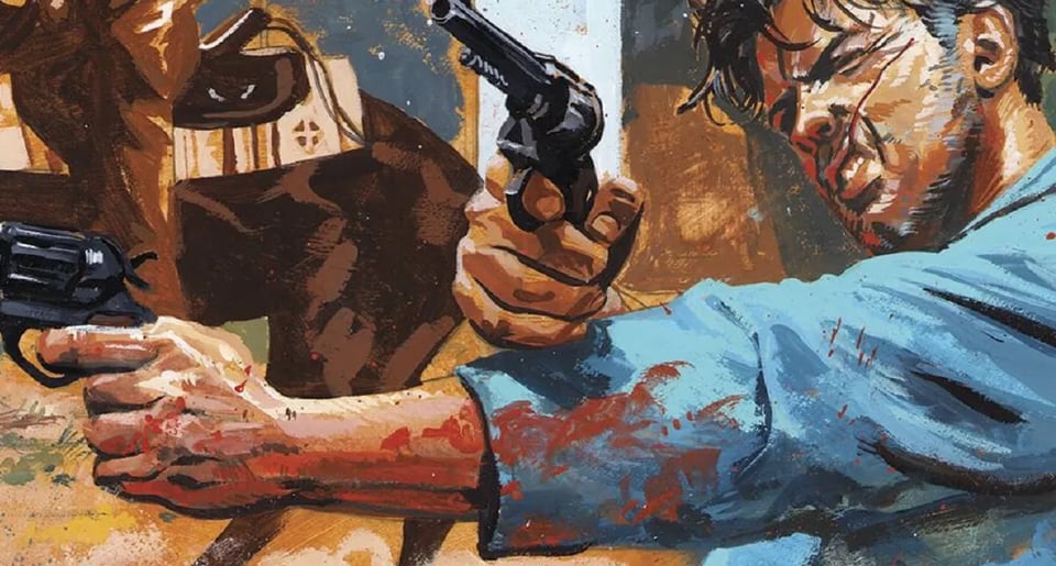 A piece of The Enfield Gang Massacre issue #1's cover art depicting a scarred man wielding two pistols, with a horse rearing behind him.