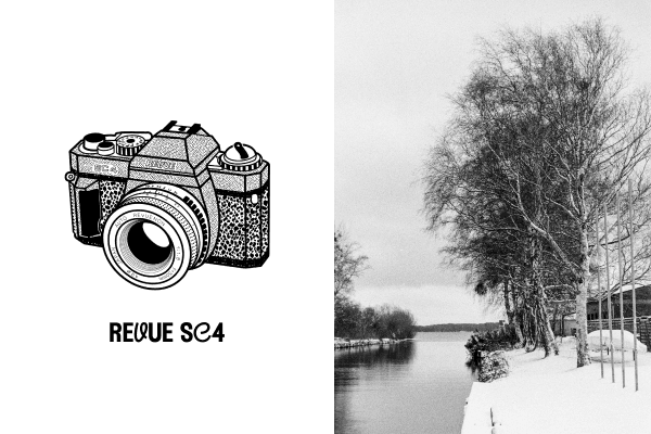 Left: Black and white illustration of a vintage Revue SC4 film camera. Right: Grainy B&W landscape of a frozen river lined with bare trees under a heavy winter sky.