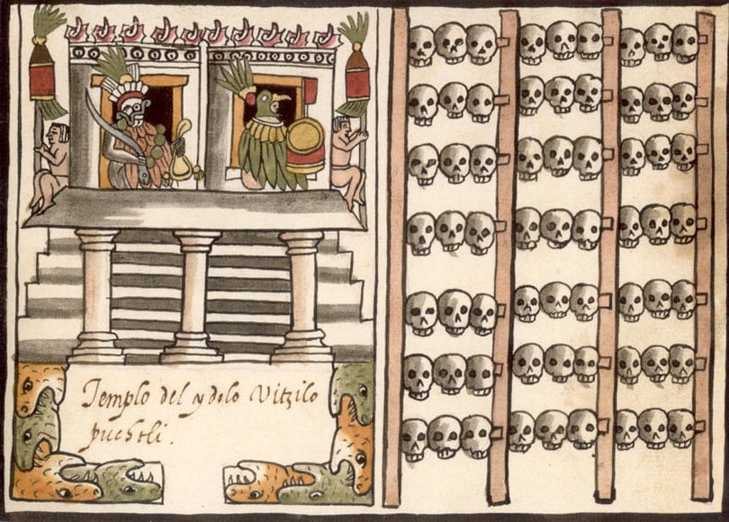 An illustration of an Aztec temple on the left, and a rack of skulls on the right