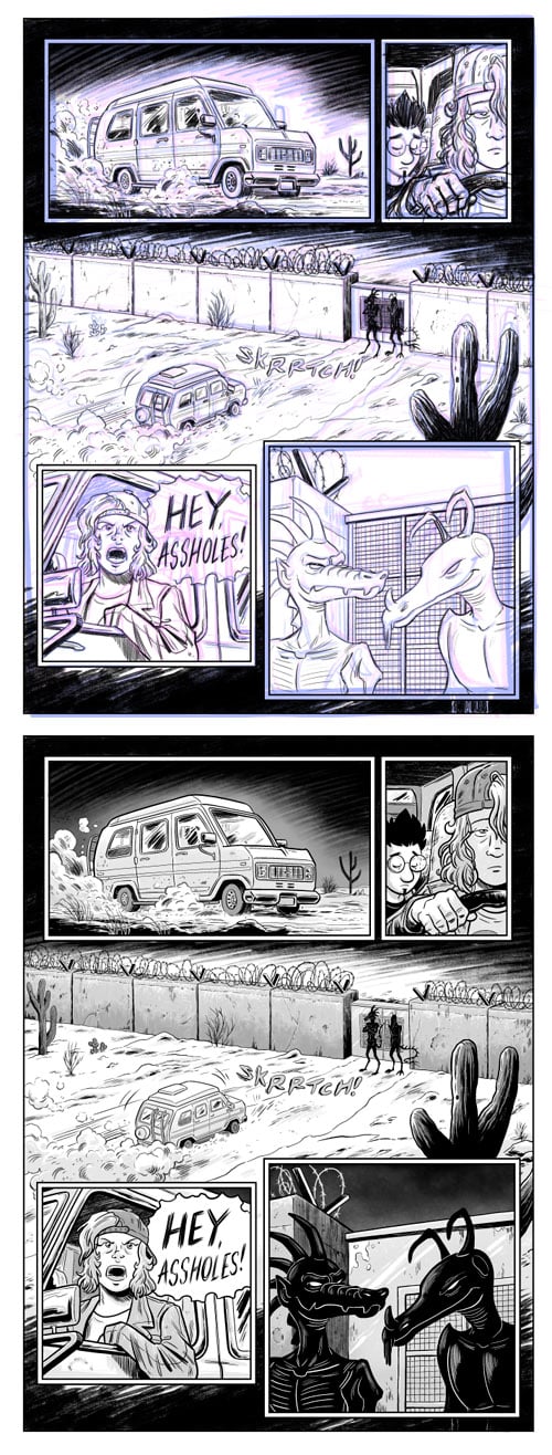 Page 53 of The Last Band On Earth. The page depicts the band travelling in their van to the edge of the city, which is walled off by a concrete border guarded by two demons. Nat pulls the van to a stop, leans out the window and shouts, “HEY, ASSHOLES!” The demons just grin back at her. The page is shown in both pencilled and finished versions.