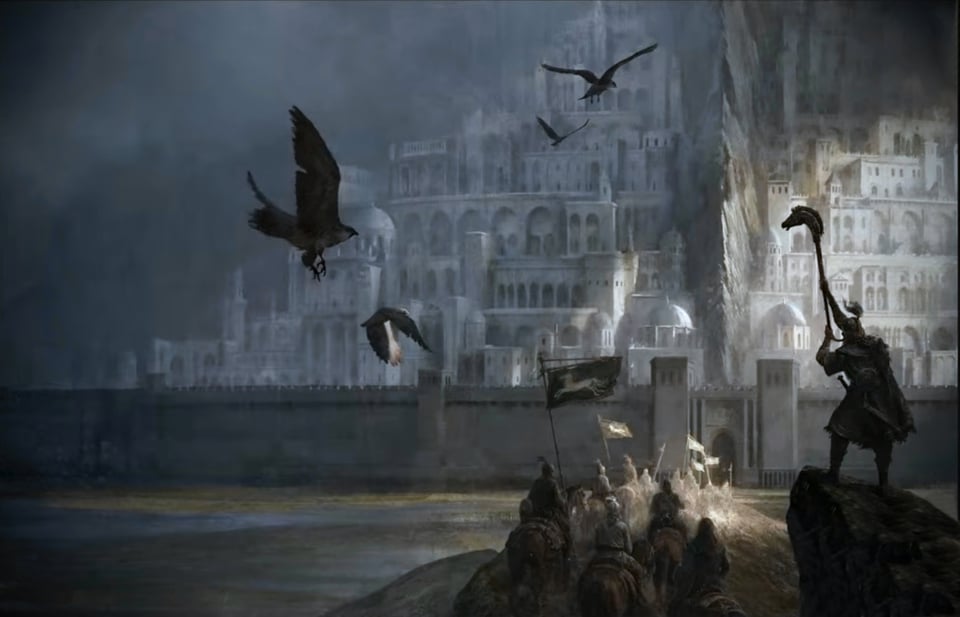 The city of Minas Tirith, with the riders of Rohan approaching.