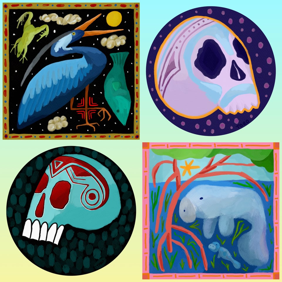 Image description: A collage of four stickers- 2 square and 2 circles alternating- on a yellow and green gradient background. The two circle stickers have skulls decorated with Taino imagery and use turquoise and purple palettes. One square sticker features a blue heron, frog, and a fish in a night scene. The other square features a mother manatee and her baby in a mangrove.