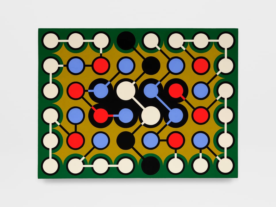 Horizontal rectangular painting with grid of circles connected by thin black and white lines. There's an outer border of dark green and the inner background is olive. The whole thing looks like an abstracted word search.