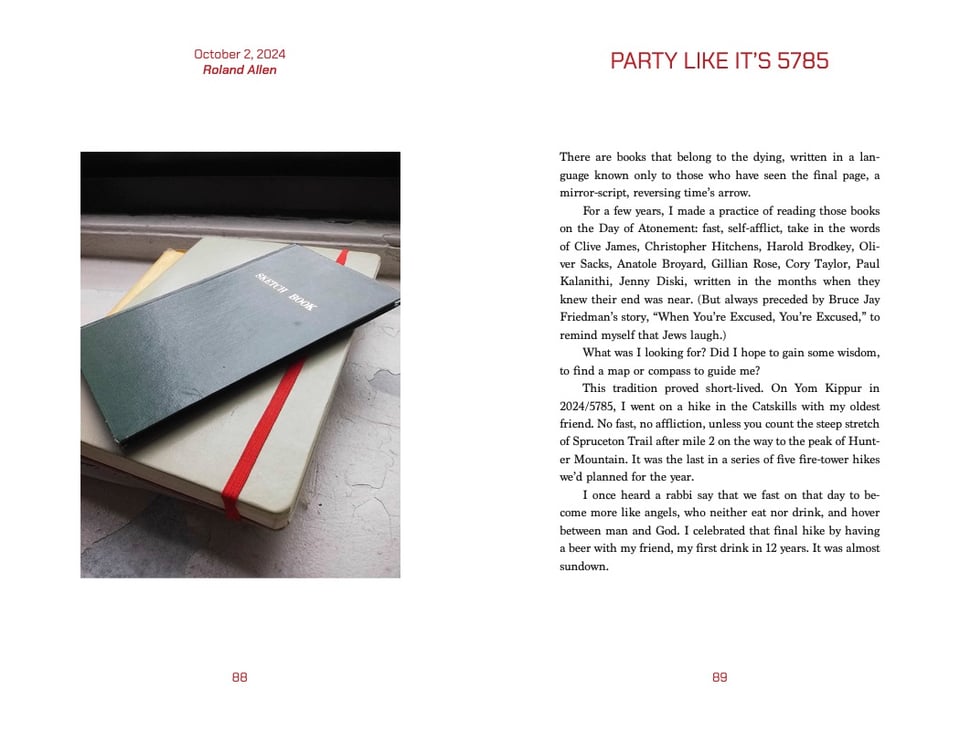 two-page spread of book, with an image of several notebooks on the left page, and text on the right.