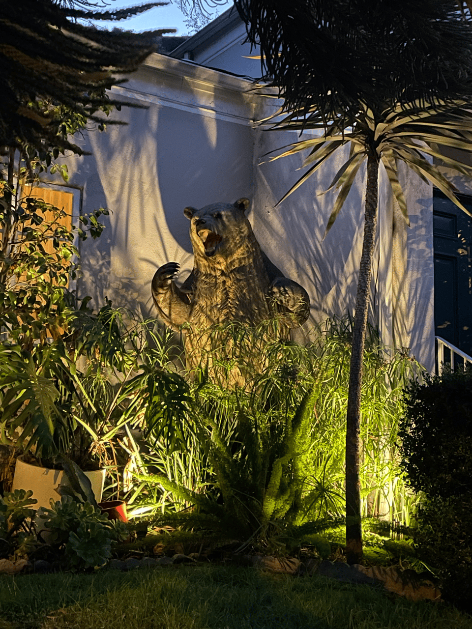 A large bear statue lurking by a house hidden by tree leaves and fronds