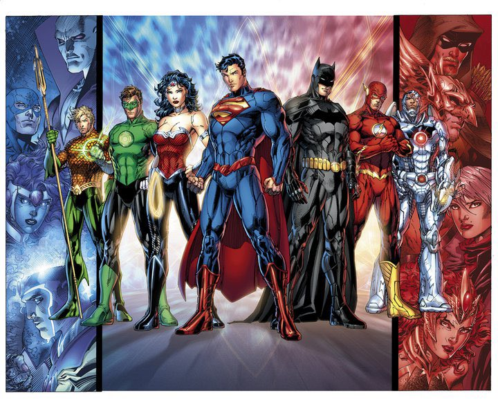 Jim Lee's initial promo illustration for The New 52, featuring the redesigned Justice League.