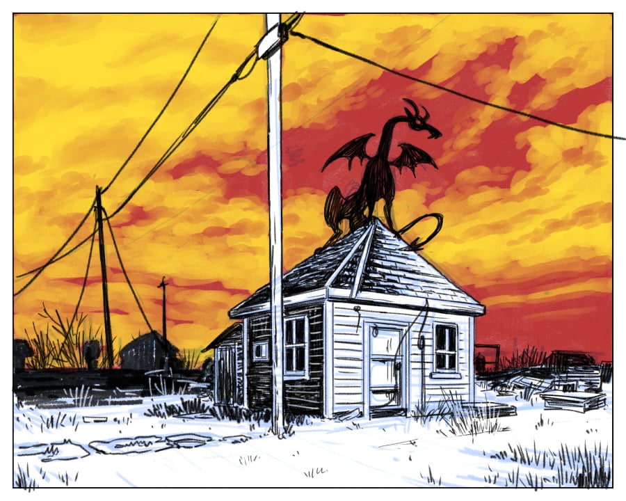 A digital sketch of a dragon in silhouette, perched on the roof of an abandoned farmhouse. The sky is dark crimson red and yellow, almost like fire.
