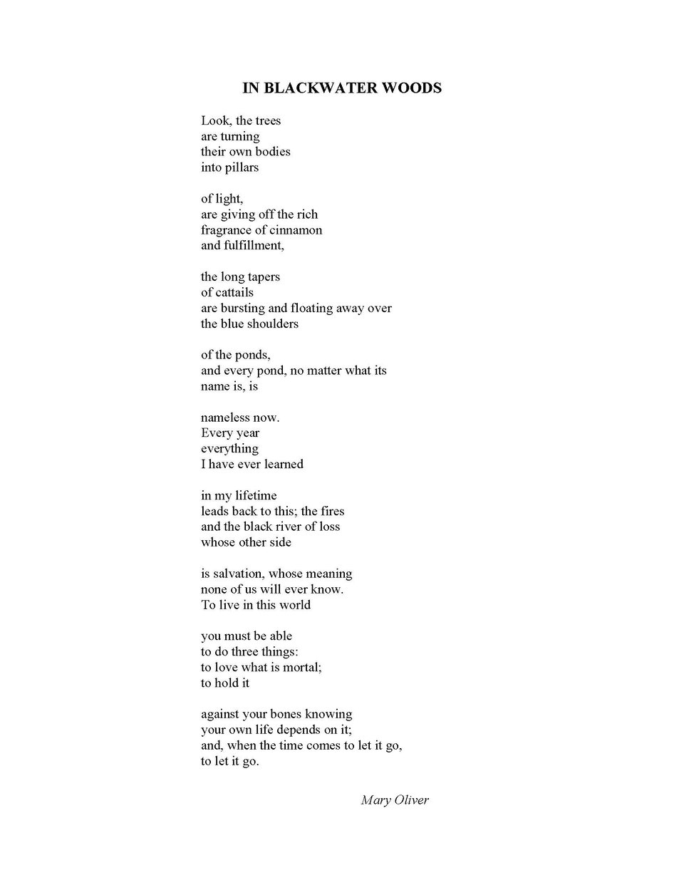 The poem In Blackwater Woods by Mary Oliver