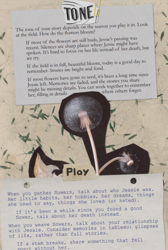 A page from A Crown of Dandelions. The picture is a collage, with two pieces of paper clipped or taped on top of a painting of a dandelion, itself on top of a scan of dandelion seeds. It reads:
