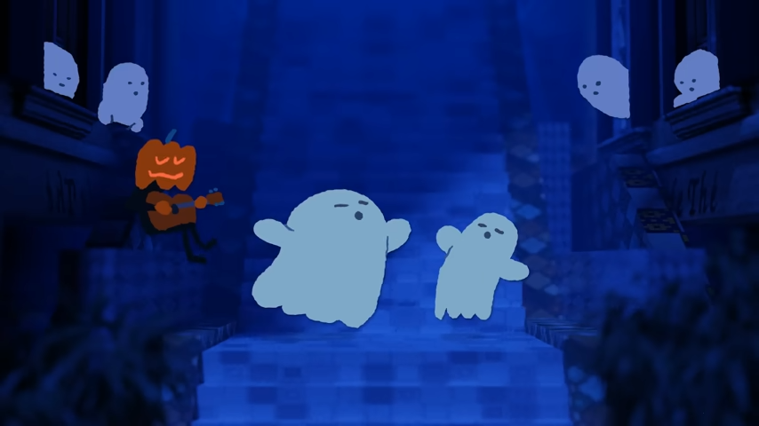 An illustration of ghosts singing in a stairwell as other ghosts look on, and a person with a pumpkin head strums a guitar