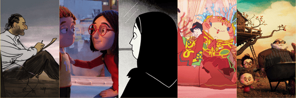 A collage of five animated films from the BLON festival programme, showcasing a range of characters and animation styles.