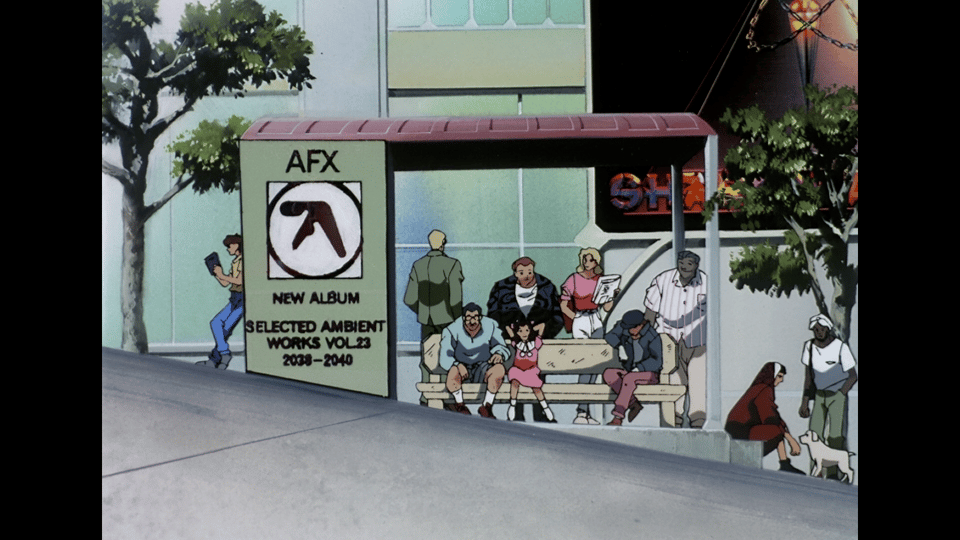 An anime screenshot of a bus stop. There is an advertisement for a new Aphex Twin album titled "Selected Ambient Works Vol. 23 ā 2036-2040".