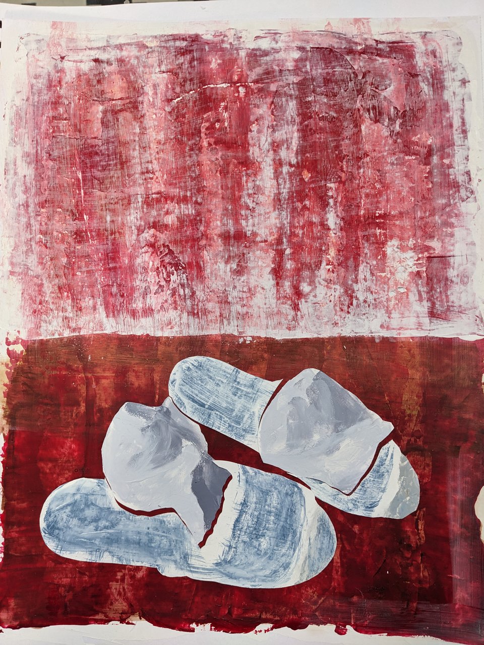 Painting of light blue slippers against a red background
