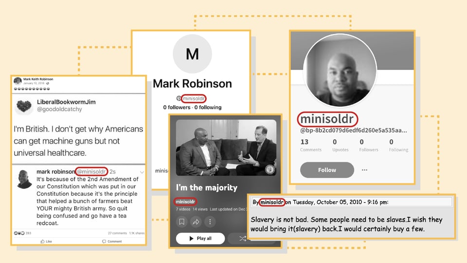 A series of screenshots that show Robinson has used the username Minisoldr across several online accounts.