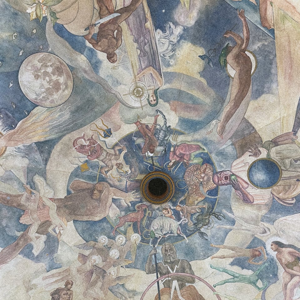 across a domed ceiling in California an art deco era illustration of the zodiac and a pantheon of gods surround a hole from which a dangling pendulum swings
