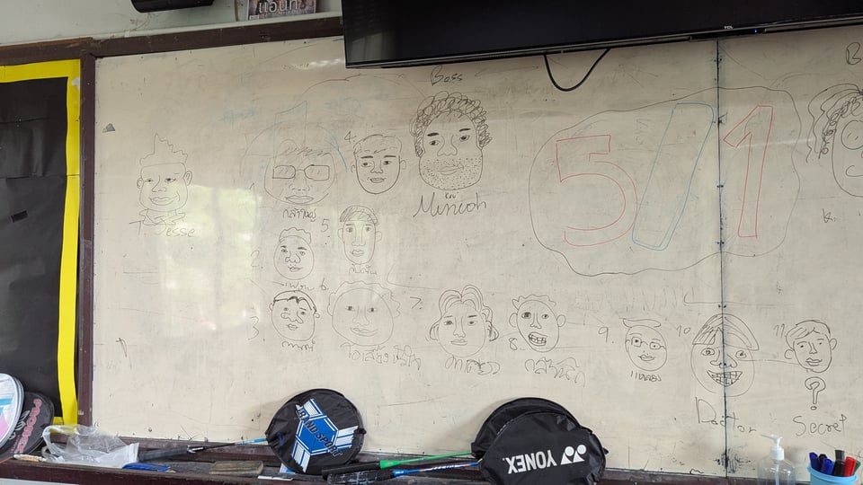 Half a whiteboard with drawings of students' faces on it, plus the text "5/1".
