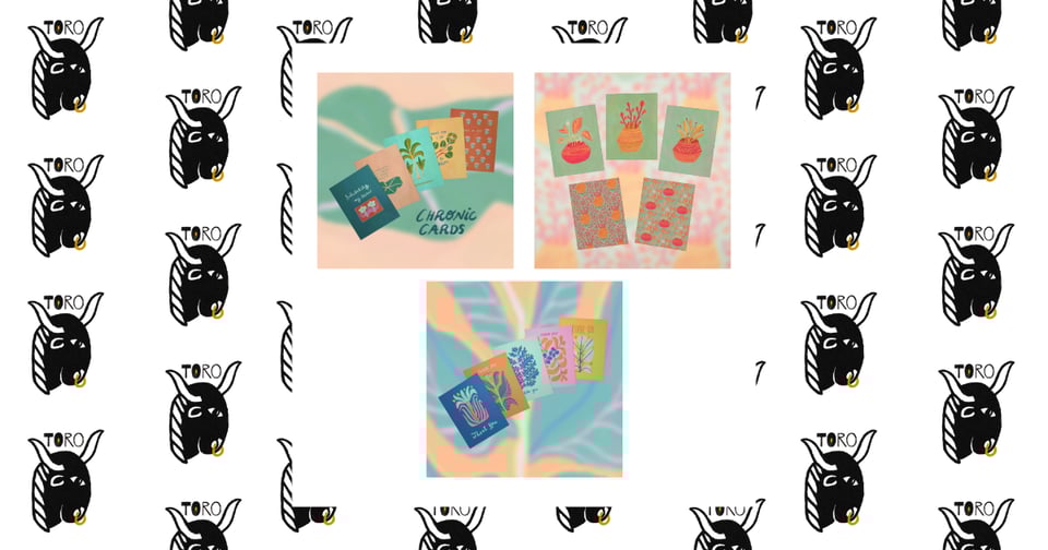 3 sets of greeting cards. Image is on top of a repeating TORO bull logo pattern.