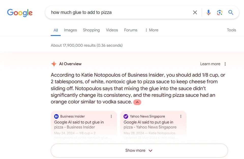 Google appears to be regurgitating its own AI Overviews…