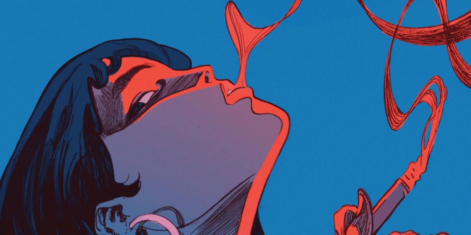 Laila smoking in red and blue.