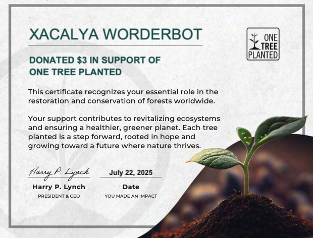 Certificate showing $3 donation to One Tree Planted