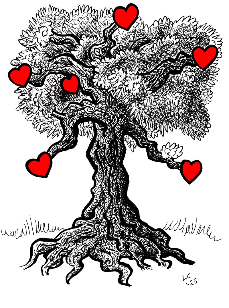 A black-and-white drawing of a tree with cartoony hearts growing on it like fruit. The hearts are bright red.