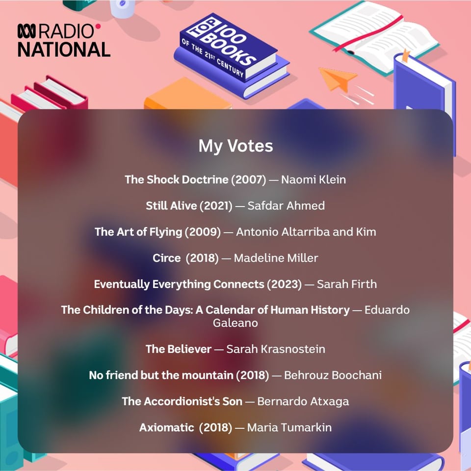 The image shows my top 100 books of the 21st century: The Shock Doctrine by Naomi Klein, Still Alive by Safdar Ahmed, The Art of Lying by Altarriba and Kim, Circe by Madeline Miller, Eventually Everything Connects by Sarah Firth, The Children of the Days by Eduardo Galeano, The Believer by Sarah Kasnostein, No Friend But the Mountain by Behrouz Boochani, The Accordionist's Son by Bernardo Atxaga, Axiomatic by Maria Tumarkin