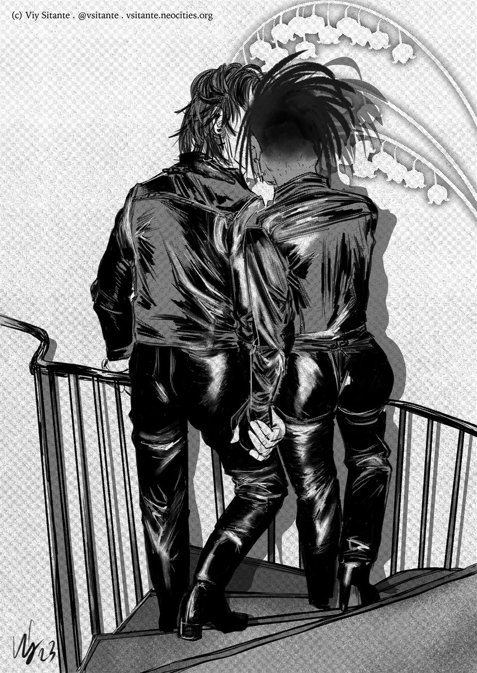 Black and white toned picture. There are two figures, a white man and a black woman, walking down the stairs. His hair appears to be a mullet while her hair is a fade going up into short natural hair divided into locs. (Without being locs, I'm sorry I have no idea how else to describe this.)  They are dressed in black shiny material, likely latex. We only see them from behind, and we don't see anything of their expression as the man only is cocking his head but the woman is covering it with her own head. The man's leg is slightly bent, showing him to have been walking down and then stopped to look back at her. Her leg is also slightly bent, but less than him.  Important detail: they are holding hands tightly like a couple, she wearing a black glove.