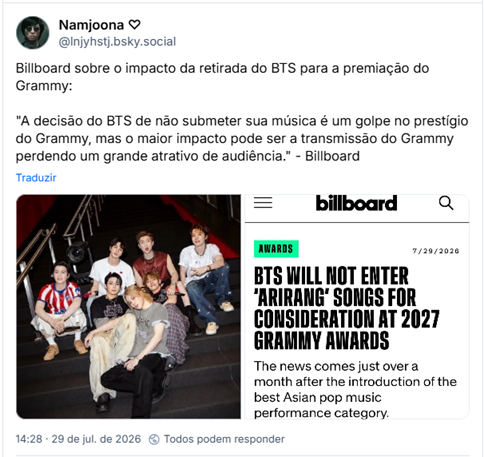 Post de Namjoona ♡ (@lnjyhstj.bsky.social): Billboard sobre o impacto da retirada do BTS para a premiação do Grammy: "A decisão do BTS de não submeter sua música é um golpe no prestígio do Grammy, mas o maior impacto pode ser a transmissão do Grammy perdendo um grande atrativo de audiência." - Billboard (duas imagens de matéria da revista Billboard com o BTS)