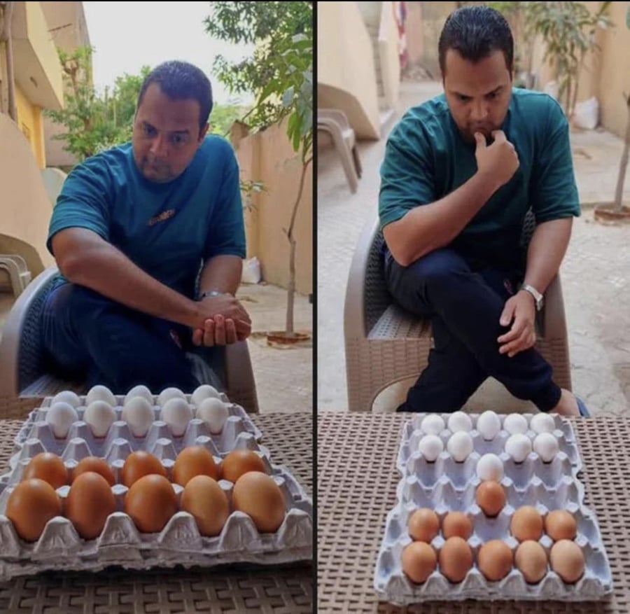 Two side-by-side photos of a man looking at a large egg carton. On one side are all white eggs, on the other side are eggs of a darker shade. In the second photo, two opposing eggs have been moved forward to face each other like chess pawns and the man has his hand to his chin as though thinking hard about his next move.
