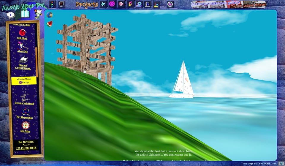 [A webpage with a computer illustration of an ocean vista with a sailboat and a grassy mound leading to the water.]